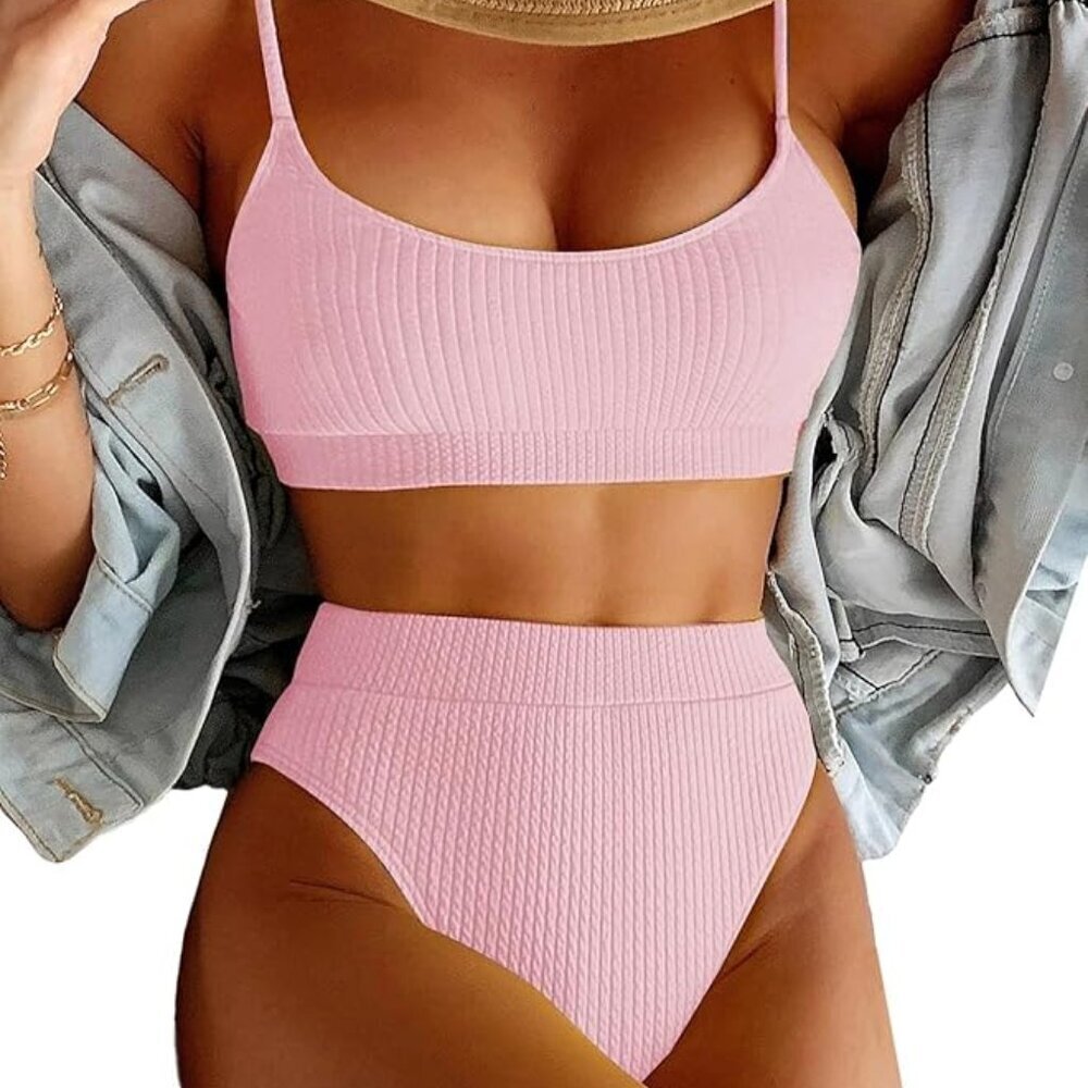 Lilosy High Waisted Tummy Control Ribbed Bikini Crop Top Brazilian